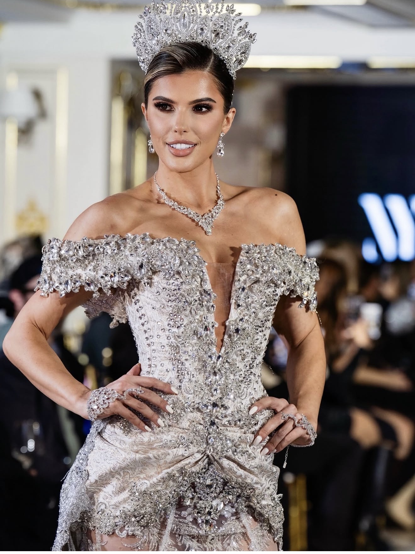 Vivi Di Domenico at Fashion Week United in a Giannina Azar design with hair styled by Mirna Franco